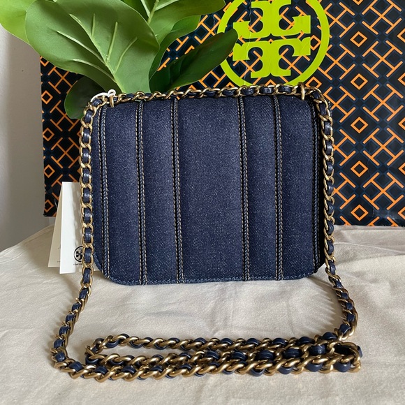 New, Tory Burch Britten denim small adjustable shoulder bag navy - Picture 10 of 14